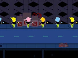 Os NPCs Addison alinhados na Trash Zone fora da loja de Spamton.